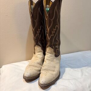 Nocona Vintage Mens Bullhide Leather Western Cowboy Boots Brown Cream 8777 6.5AA